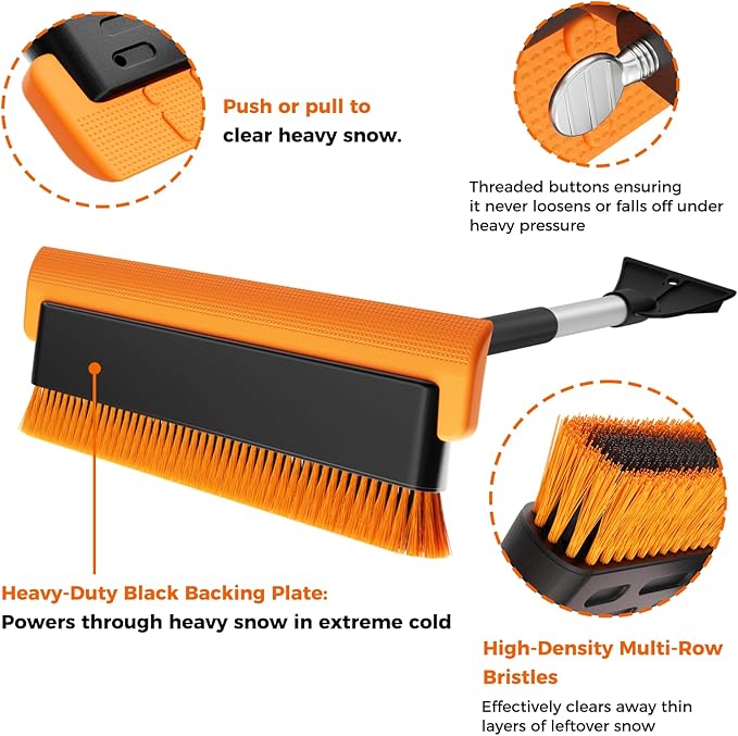 16" Large Snow Brush for Car Windshield,Non-Scratch Snow Scraper,55" Extendable Snow Broom with Foam Grip,Snow Remover for Cars, Truck, SUV (Orange, Large)