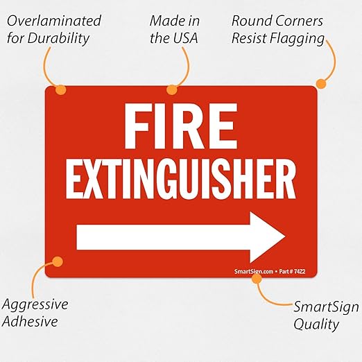 SmartSign 3.5 x 5 inch “Fire Extinguisher” Sticker Label with Right Arrow, Glossy Finish, 3 mil Laminated Adhesive Polyester, Red and White, Made in USA