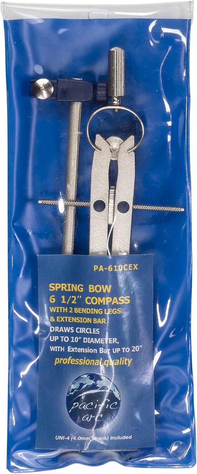 Pacific Arc Spring Bow Compass with Extension bar, Universal Adaptor, 6 inch Break Leg, and Replacement Lead.
