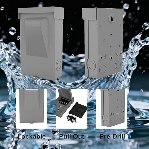 240VAC 30 Amp Fused AC Disconnect Box, Outdoor Waterproof Metal Enclosure with Pull-Out Switch - for Home & Light Commercial HVAC, Condensing Units & Air Conditioning Systems - UL Listed
