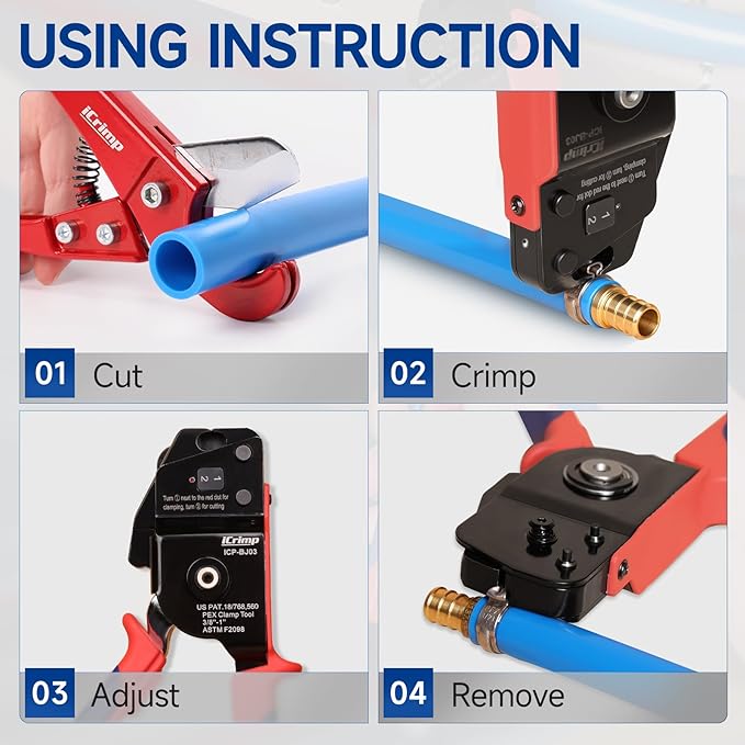 iCrimp One-Hand PEX Pipe Cinch Tool Kit, PEX Crimping Tool with Removing Function for 3/8-1 inch Clamp Rings, with 20PCS 1/2-in, 10PCS 3/4-in PEX Clamps and Pipe Cutter
