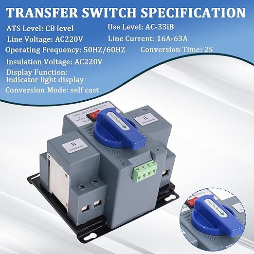 2P 63A 220V Automatic Transfer Switch, Dual Power Generator Changeover Switch 50HZ/60HZ
