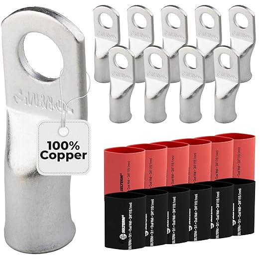 SELTERM 10pcs - 1/0 Awg - 3/8" Stud - Battery Lugs - Ring Terminal Connectors with 12pcs 3:1 Black & Red Heat Shrink Tubing with Adhesive | Heavy Duty Battery Cable Ends - Tinned Copper Wire Lugs Kit