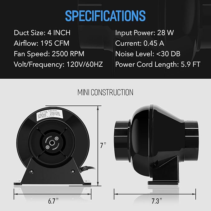 iPower 4 Inch 195 CFM Inline Duct Ventilation Fan Air Circulation Vent Blower for Grow Tent, 4", Black