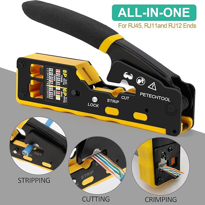 PETECHTOOL RJ45 Crimp Tool Pass Through Ethernet Crimping Tool Kit Cat6 Cat5e Cat6a RJ45 Crimper with Cable Tester, Cat6 Connectors with RJ45 Boot Covers, Mini Stripper, Blades and Cable Ties