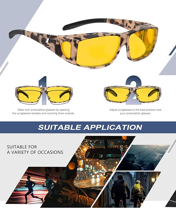 KALIYADI Night-Vision-Glasses Fit-Over-Glasses Wrap-Around Glasses: Anti Glare Night Driving Glasses for men women HD Lens