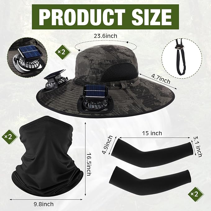 Syhood Solar Powered Fan Hat with Arm Sleeves Neck Gaiter for Men Women Outdoor Wide Brim Bucket Hat with Fan for Hiking