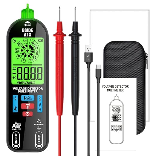 BSIDE Digital Multimeter Tester Rechargeable Electrical Voltmeter, Smart Mode with Red & Green Backlight, Measures Capacitance Diode Ohm Continuity V-Alert DC AC Voltage with Carrying Case