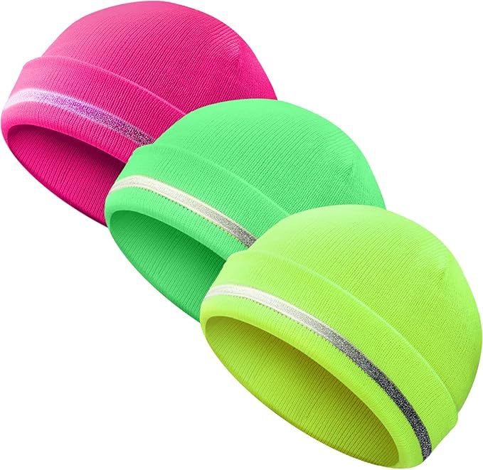 Reflective Knit Hat Safety Beanies Adult High Visibility Beanie Neon Winter Knit Caps with Reflective Stripe