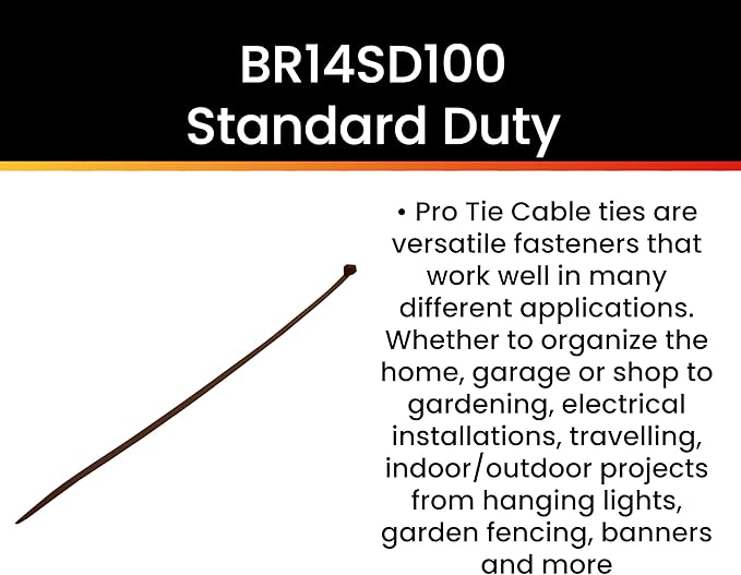 Pro Tie Standard Duty, Self-Locking UV Nylon Cable Wire Ties for Indoor and Outdoor Use |14.6-Inch, 50 lbs. Tensile Strength, Brown Nylon, 100-Pack (PN: BR14SD100)