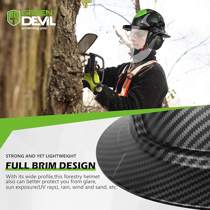 GREEN DEVIL Industrial Chainsaw Helmet with Face Shield Built in Visor and Ear Muffs 4 in 1 System ANSI Z89.1 Safety Hard Hat Adjustable Headgear Ideal for Forestry and Arborist Work Full Brim Style