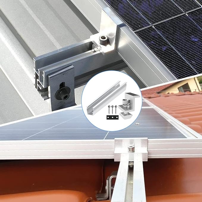 Solar Panel Mounting Rail Aluminium Solar Rooftop Rail Connector Solar Bracket Solar Roof Mount Kit for Metal Roof, Tin Roof, Flat Roof, Sheet Roof (4 x 200mm Rail + 4 x 35mm Clamp)