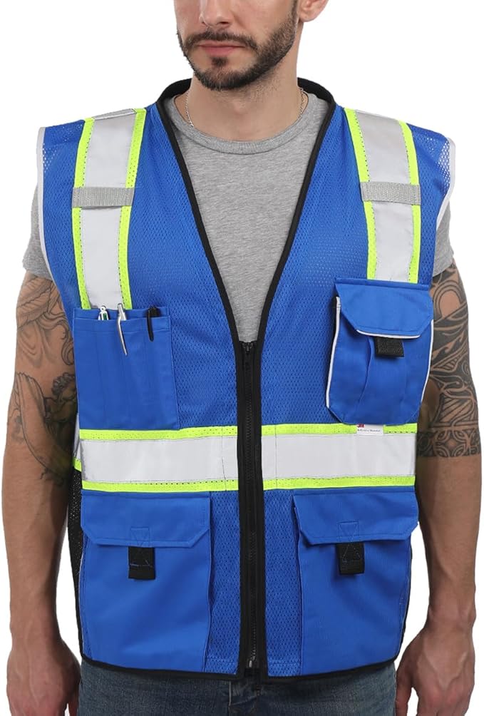 Dib Safety Reflective Vest Blue Mesh, High Visibility Vest with Pockets and Zipper, Heavy Duty, Made with 3M Reflective Tape, 3XL