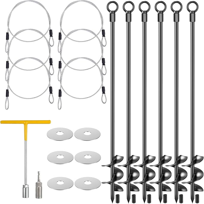 6 Pcs 30" Ground Anchors Shed Anchors Kit Heavy Duty 12mm Solid Steel, Triple-Turn Helix Earth Anchors for Sheds, Carport, Canopy, Gazebo, Trampoline, Mobile Home