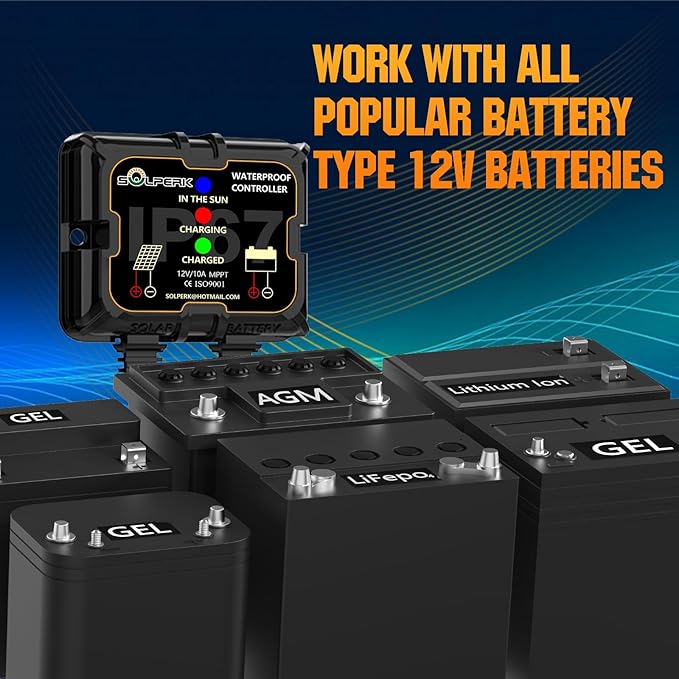 SOLPERK MPPT Solar Charge Controller 10A 12V, Waterproof Intelligent Portable Controller IP67 Solar Panel Controllers for AGM, Gel, Flooded and Lithium Battery