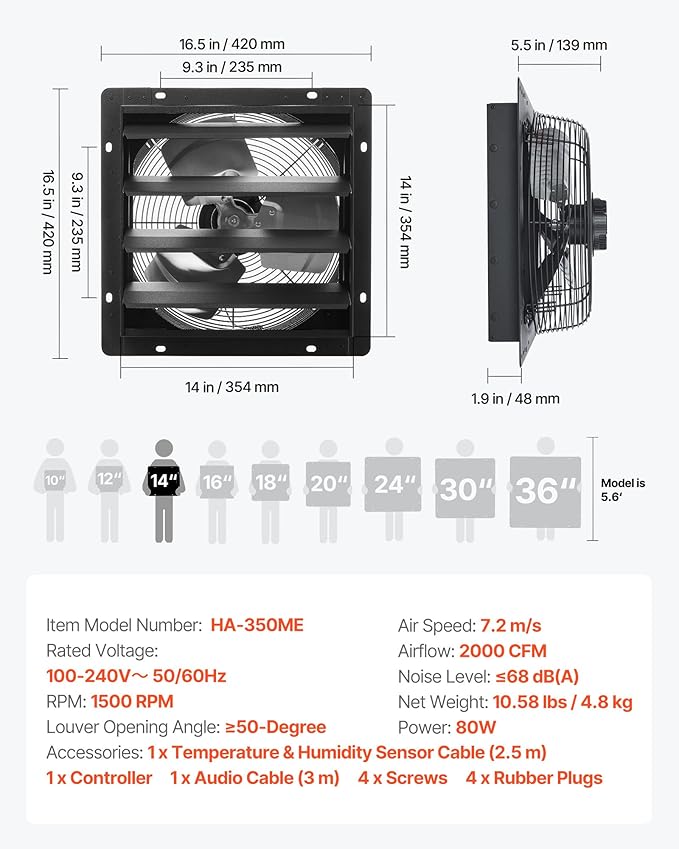 VEVOR 14 inch Exhaust Fan, Wall Mounted Attic Fan with Variable Speed, Temperature & Humidity Controller, 2000 CFM, Automatic Shutter