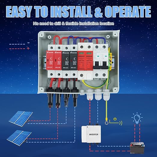 Solar Combiner Box 600V 2 inputs and 1 Output 15A Rated Current Fuse 63A DC Circuit Breaker & SPD, 15A Fuse, for PV Array System, Plug and Play Outdoor Solar Junction Box for Home and Commercial Use