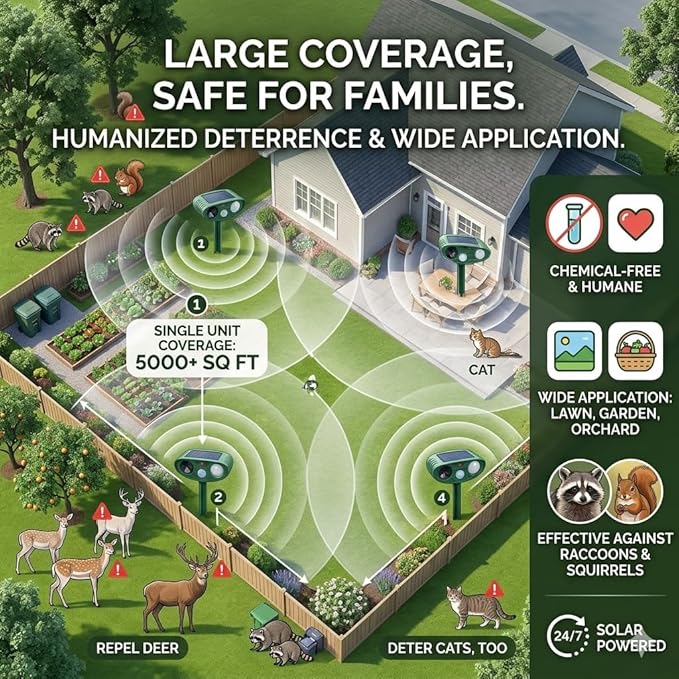 2026 Upgraded Sonic Fortress Pro Deer Repellent Outdoor,Solar Ultrasonic Animal Repellent with Motion Sensor&Flash Light-IP65 Waterproof Cat Deterrent Outdoor for Raccoon,Squirrel-Garden&Yard (4 Pack