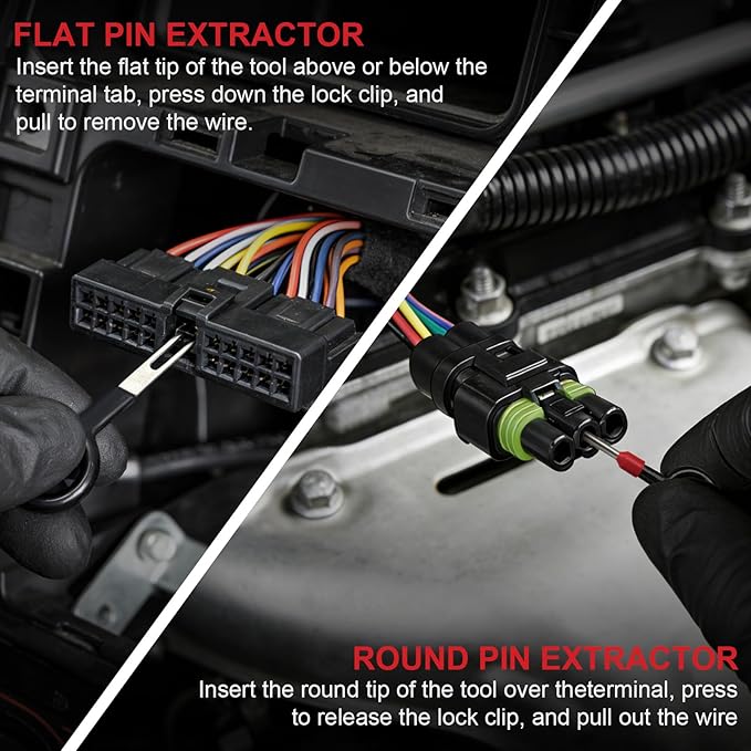 Dual-End Electrical Connector Removal Tool for Cars, Automotive Terminal Connector Separator and Removal Tool in Tight Spaces, Includes 11PCS Terminal Pin Removal Tool Set (Red)