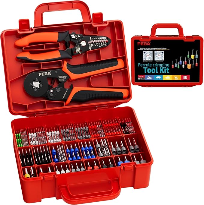 PEBA Ferrule Crimping Tool Kit - 33 Sizes Wire Ferrules Kit and Square Crimping Pliers AWG28-7 & Wire Stripper for Electrical Wiring/DIY Terminals | Self-Adjusting Ratchet Crimper - Copper Ferrule Kit