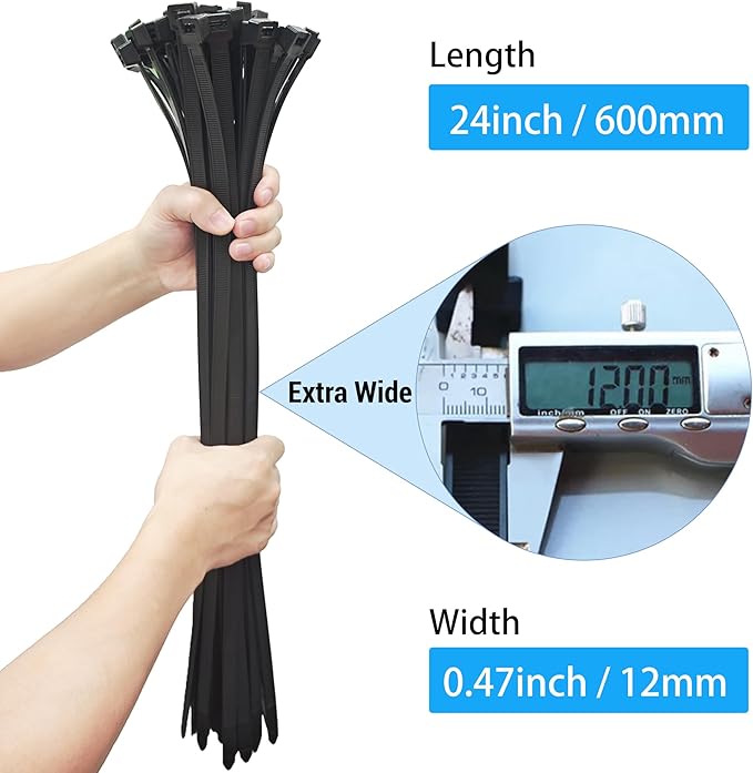 Long Zip Ties Heavy Duty 24 inch 250 Pcs, Large Cable Ties with 250 lbs Tensile Strength Ultra Stong Plastic Tie Wraps, Black