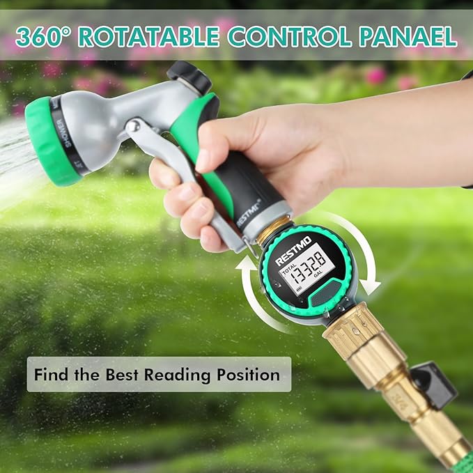 RESTMO 360° Rotatable Water Flow Meter, Pure Brass Inlet & Outlet Water Meter, Measure Gallon/Liter Consumption and Flow Rate for Garden Hose Watering, RV Water Tank Filling and Lawn Sprinkler
