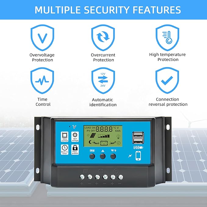Anern 60A PWM Solar Charge Controller 12V/24V with LCD Display, Dual USB Solar Panel Battery Intelligent Regulator, Auto Parameter Adjustable, Timer Setting, Multiple Load Control Modes