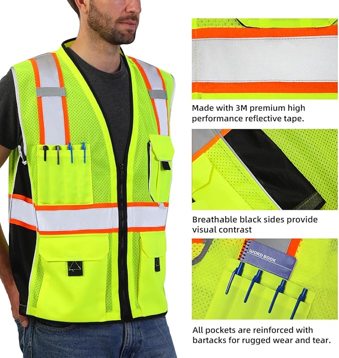 Dib Safety Reflective Vest Yellow Mesh, High Visibility Vest with Pockets and Zipper, ANSI Class 2 Heavy Duty, Made with 3M Reflective Tape, L