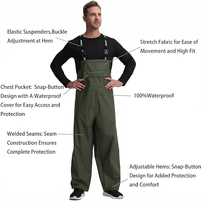 Men's Waterproof Workwear Bib Overalls - Heavy Duty Stretchable Rain Bibs for Fishing & Outdoor Work