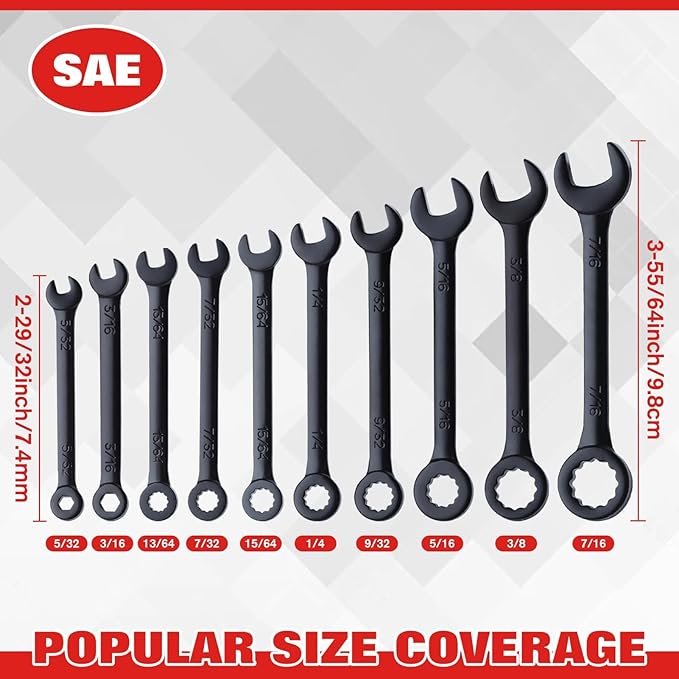 10PCS Mini Wrench Set Standard SAE 5/32"-7/16" Ignition Wrenches Open End and Box End Combination Wrench Set with Portable Pouch and Key Rings, Black Electrophoretic Coating