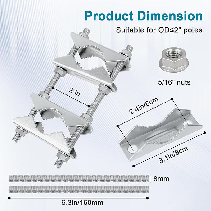 4 Pack Antenna Mast Clamp 2 inch Pole to Pole Mounting Kits Heavy Duty Mast to Mast Bracket with V Jaw Block for TV CB Ham Antenna, Weather Station, Pipes