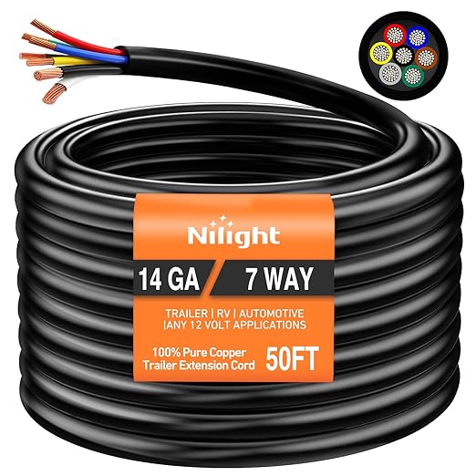 Nilight 50 Feet 7 Way Trailer Extension Cable RV Standard Wire 14 Gauge 7 Conductor 100% Pure Copper Insulated Heavy Duty Cord Weatherproof for 7 Pin Blade Truck Camper RV Automotive