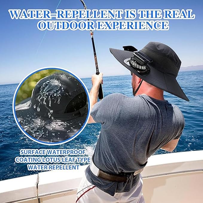 Solar Fan Hat,Wide Brim Sun Hat with 2 Solar Fan, Fishing Hat with Fan for Men, 3 Speed Adjustable Hat with Solar Fans Built in (Grey)