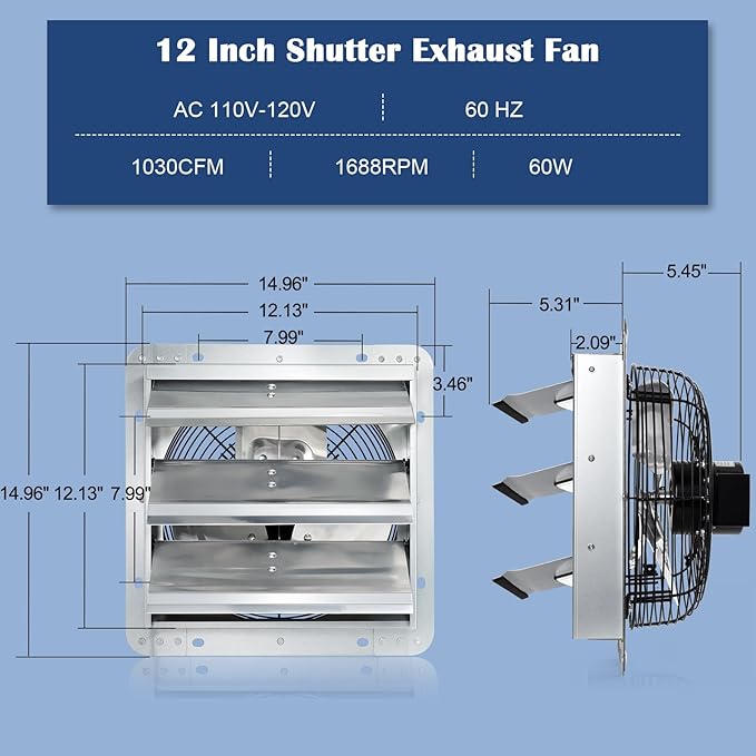 Hiorucet 12 Inch Wall Mounted Shutter Exhaust Fan for Garage, Greenhouse, Shop, Attics, Chicken Coop, Basement, High Performance Low Noise Louvered Exhaust Fan with Thermostat and Speed Controller.