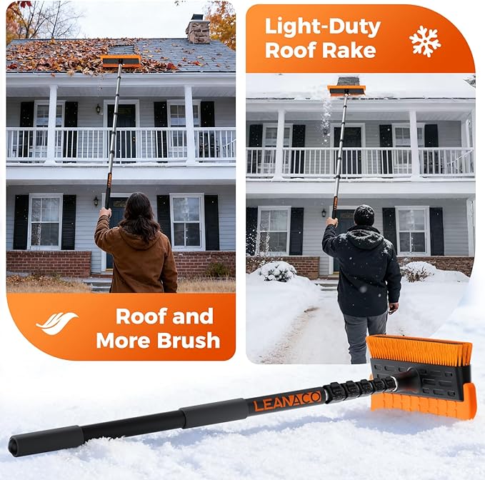 Year-Round Roof Rakes for Snow, Leaves & Moss – 16” No-Scratch Foam Blade & Roof Brush, 4.7-24ft Telescoping Snow Rake for Roof, Solar Panels, RVs & Cars, C-Shaped Push/Pull Roof Snow Removal Tool