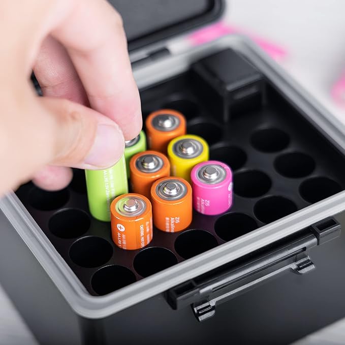 JJC 28 Slots AA Double A Battery Case Holder with Removable Battery Tester, Water-Resistant & Shockproof AA Battery Storage Box