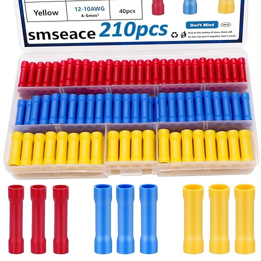 smseace 210 Pcs Butt Splice Connectors Kit 22-10AWG Butt Wire Connectors Assorted Butt Splice Crimp Connectors Wiring Straight Crimps Terminals for 22,20,18,16,14,12,10 Gauge Wires
