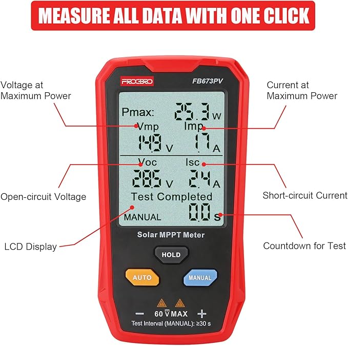 FrogBro Upgrade Solar Panel Tester Meter Photovoltaic Multimeter 800W, Solar MPPT Meter with Large Ultra Clear LCD, Smart MPPT Open Circuit Voltage Troubleshooting Utility Tool for Solar PV Testing