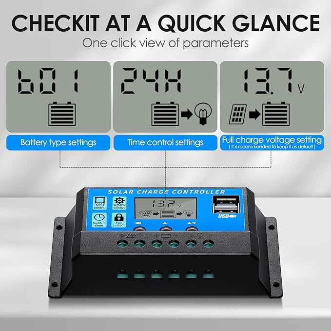 FLYING LION 30A12V/24V Solar Charge Controller PWM Solar Panel Regulator with Adjustable LCD Display Dual USB Port Timer Setting PWM Auto Parameter