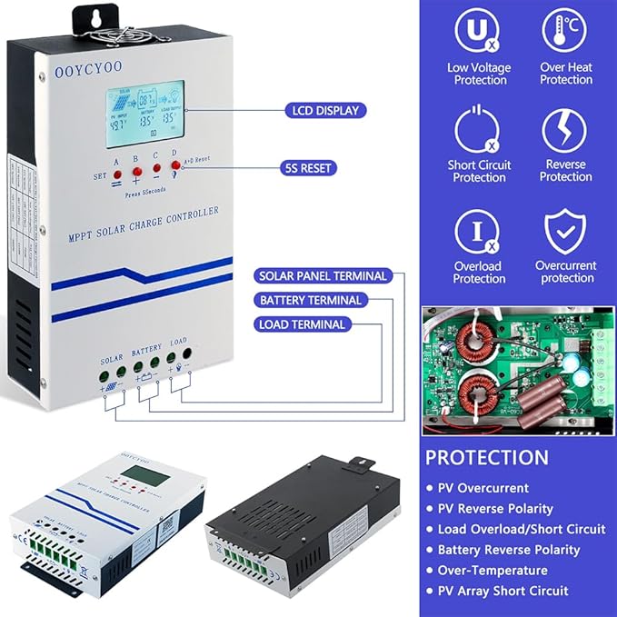 IPO 60A MPPT Solar Charge Controller, 12V/24V/36V/48V Auto Identification, Max 160V PV Input, Intelligent Regulator with LCD Display, Compatible with AGM, Gel, Flooded Lead-Acid and Lithium Batteries