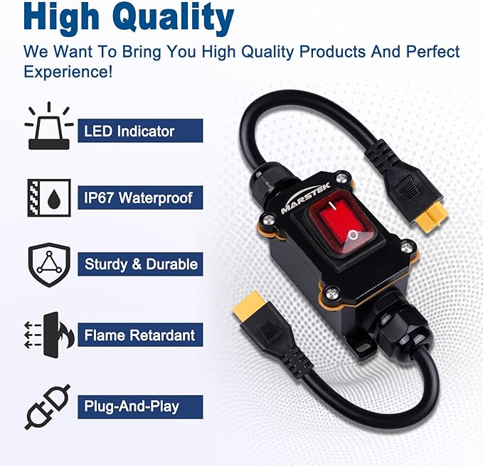 12V Inline Power Switch, IP67 Waterproof XT60 to XT60 Cable with On/Off Switch, 14AWG Heavy Duty Quick Connect/Disconnect for Solar Panels, RVs, Motorcycles, and More