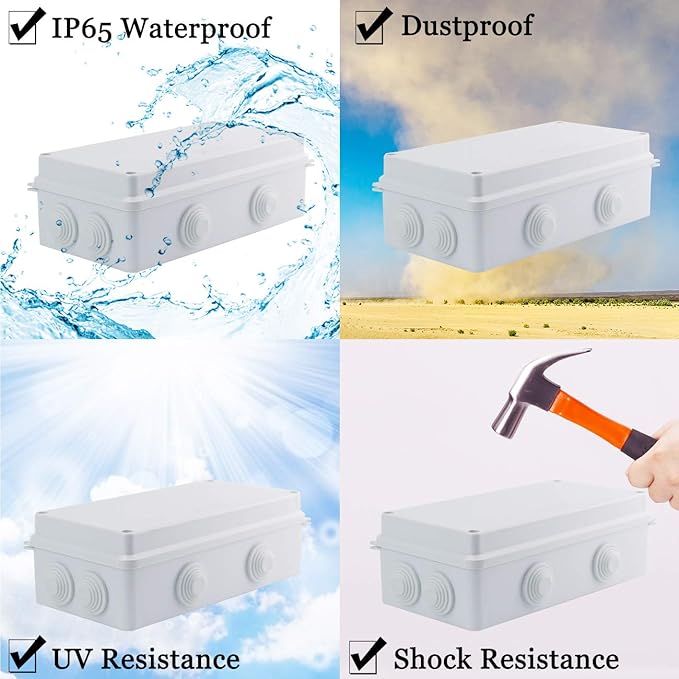 Sunnyglade ABS Plastic Electrical Junction Box IP65 Waterproof Universal Outlet Box Durable Outdoor Electrical Gang Box White （7.9 x 3.9 x 2.8 inch）