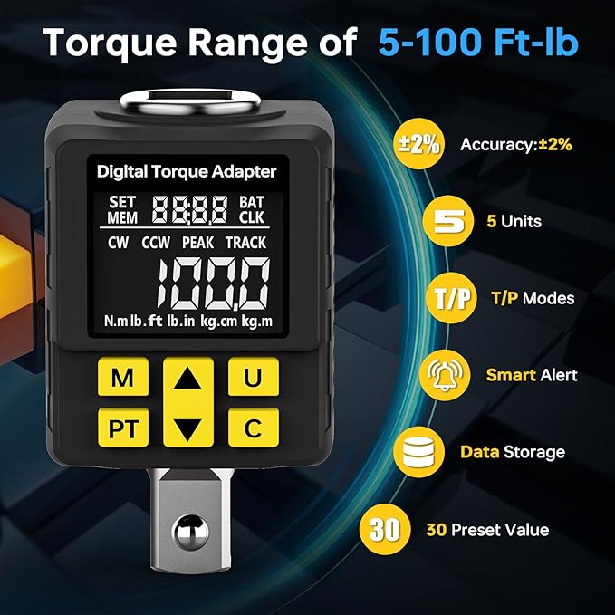 1/2" Drive Digital Torque Adapter, (±1% Accuracy, 5-100Ft-lb), Smart Alert, Torque Wrench Digital Calibration Tool with Color Display, Torque Meter for Auto, Moto& Home Repairs(135N.m)