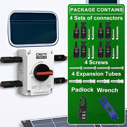 Solar Disconnect Switch 2 Strings 32A DC1500V 2in 2out Rapid Shutoff Isolator Switch with Plug & Play Connector and IP66 Outdoor Waterproof for Rooftop Solar Systems, RVs and Boats