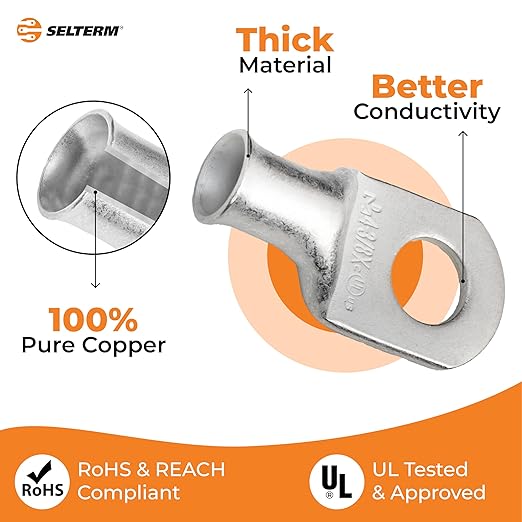 SELTERM 10pcs 4 AWG-3/8" Stud (X - Wide Pad) Tinned Copper Wire Lugs, Heavy Duty Battery Cable Ends,4 Guage Ring Terminals, UL Battery Lugs Marine Grade Copper Eyelets Battery Terminal Connectors