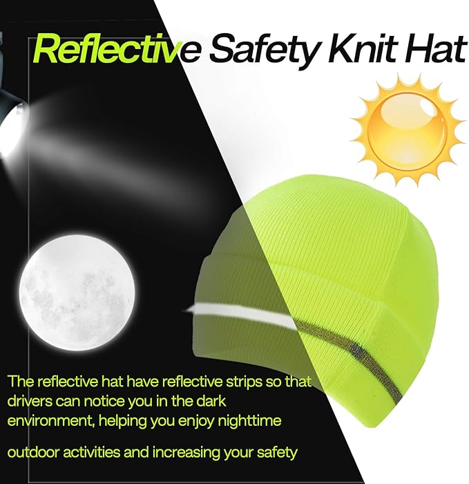 Sucrain 2 PCS Reflective Knit Hat Adult Safety Beanies Hats Warm Winter Knit Caps with Reflective Stripes for Outdoor Work