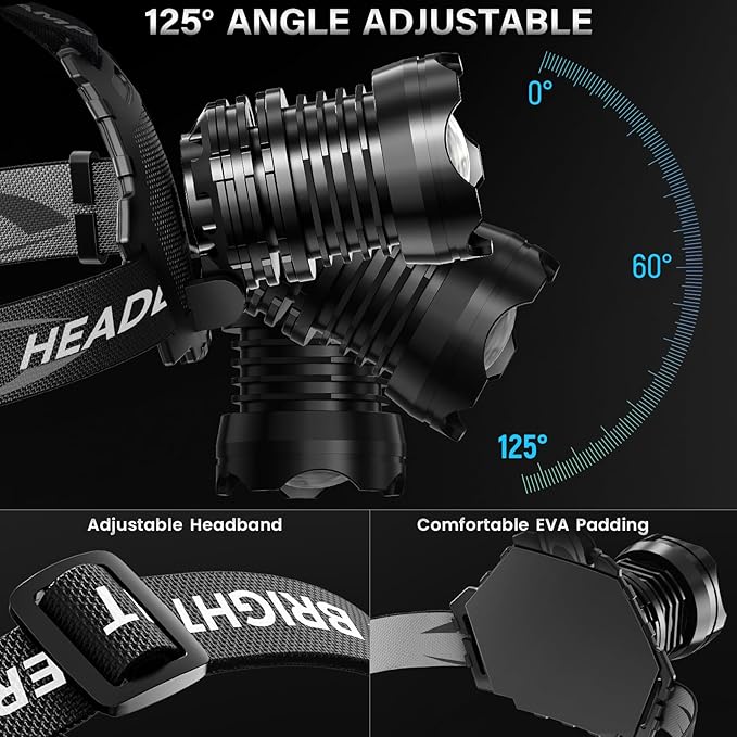 AKNEAR Rechargeable LED Headlamp Super Bright, 4500 High Lumens Head Lamp Zoomable, 25Dys+ Runtime & 12 Mode & Lightweight Comfort & 125° Adjustable Waterproof Head Light for Outdoor (2 Pack)