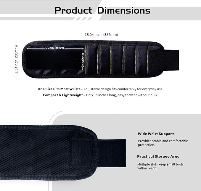 Magnetic Wristband for Holding Screws, 10 Strong Magnets Tool Wrist Strap with Adjustable Velcro for DIY, Home Improvement, Electrical and Woodworking Work – Black