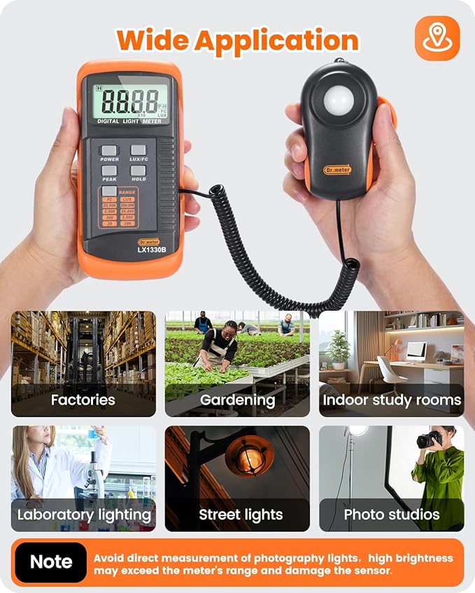 LX1330B Digital Illuminance Light Meter, 0-200,000 Measurement Range Lux Meter, Lighting Intensity Brightness Measurement for Indoor Outdoor, Light Meters for Plants