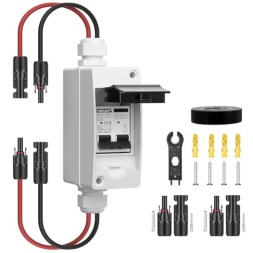 Solar Panel Disconnect Switch 32Amp DC AC Miniature Circuit Breaker 500V 2 Poles with PV Connector and IP65 Waterproof UV-Proof Box for Outdoor Solar PV Homes Battery